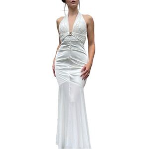 Cache Vintage White Satin Mermaid Open Back Halter Prom Dress Size 6